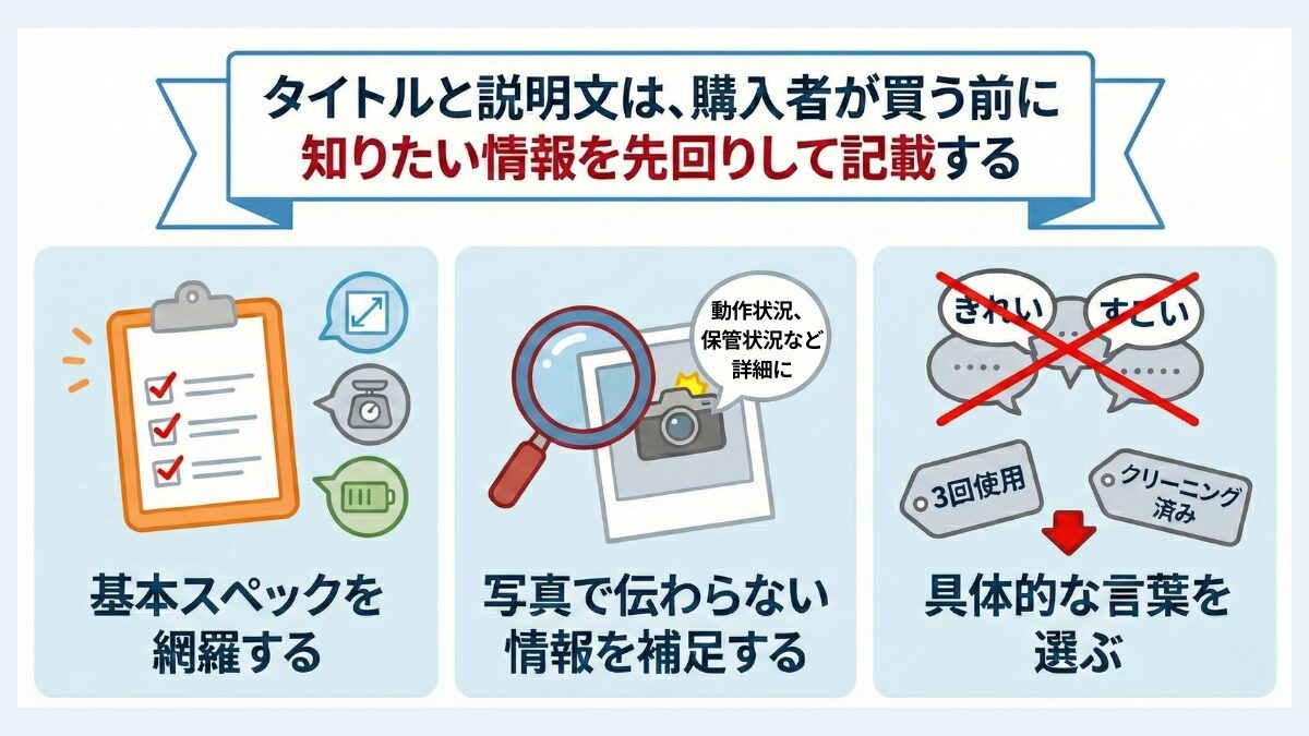 タイトルと説明文は、購入者が買う前に知りたい情報を先回りして記載する
