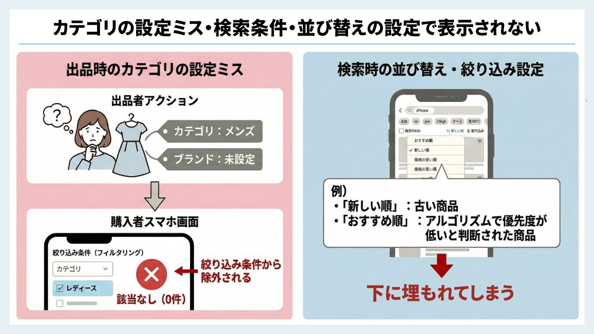 カテゴリの設定ミス・検索条件・並び替えの設定で表示されない