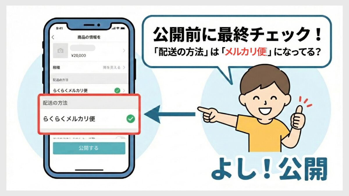 公開前に最終チェック「配送の方法はメルカリ便になってる？」