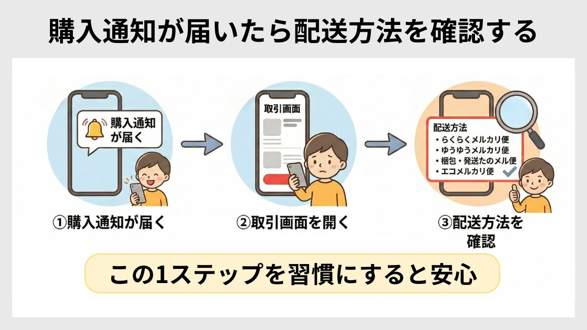 購入通知が届いたら配送方法を確認する